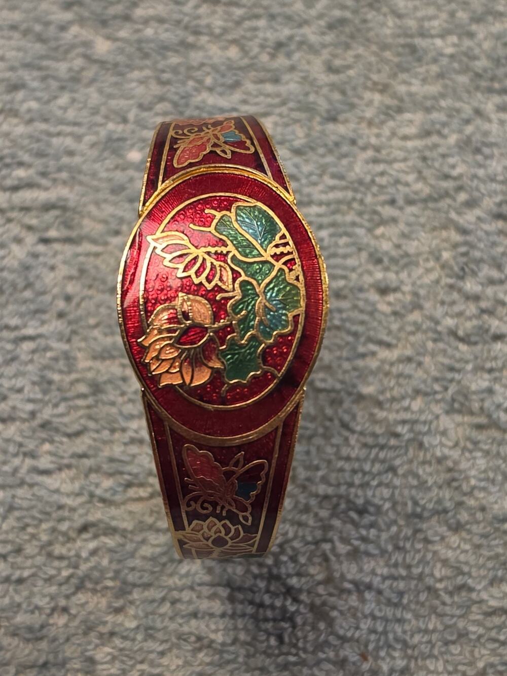Vintage Red Enamel Clamper Bracelet Goldtone Cloisonne Lotus Blossom Butterfly